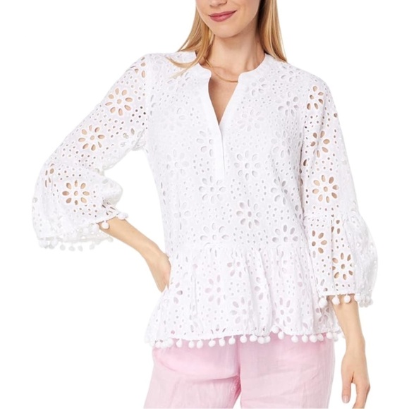 Lilly Pulitzer Bekah Eyelet Top Lace Blouse Size XS White Quarter Sleeve NWT - Picture 1 of 8